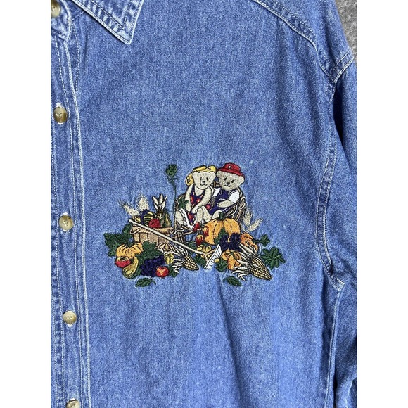 Vintage Quizz Again Embroidered Bears Fall Harvest Denim Shirt Womens Size Small - Picture 5 of 7